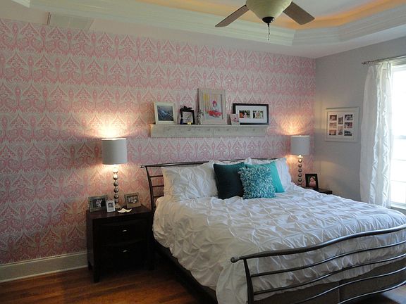 Master bedroom with custom wallpaper