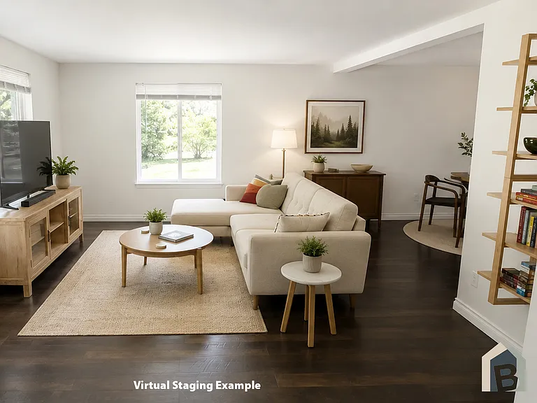 Bright welcoming living room with a view of lawn and mature evergreens