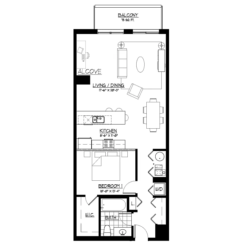 Floor plan 1 Bed 1 Bath Plus Den