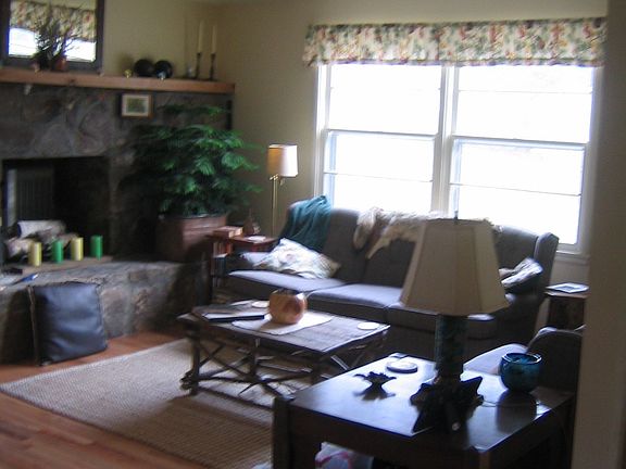 Vented gas Lopi stove insert with original stone fireplace and red oak mantle