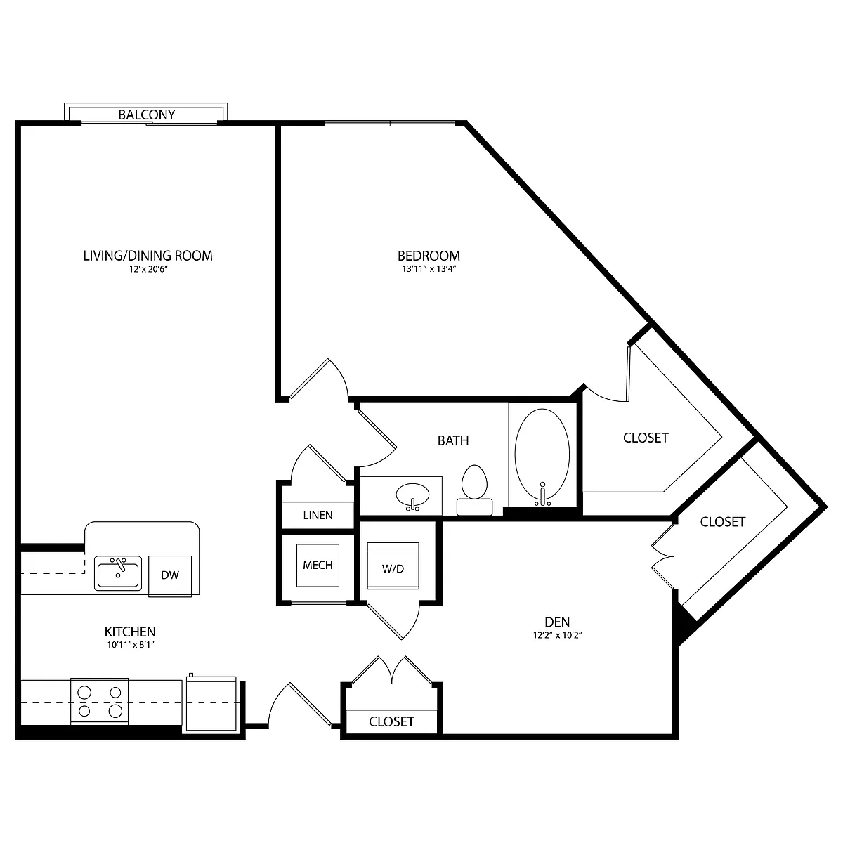 Floor plan 1 Bedroom + Den, 1 Bath 966 SF B