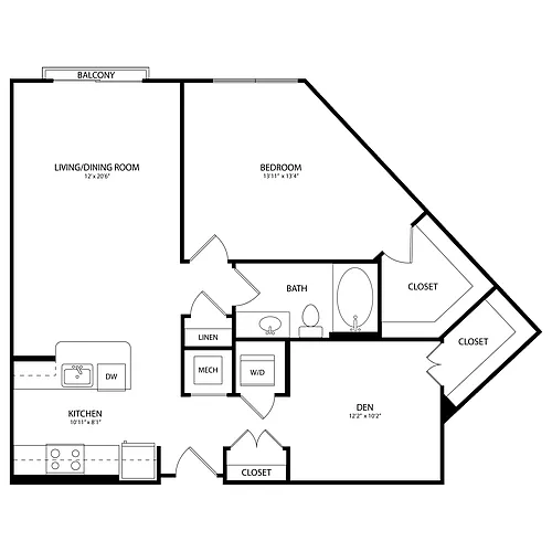 Floor plan 1 Bedroom + Den, 1 Bath 966 SF B