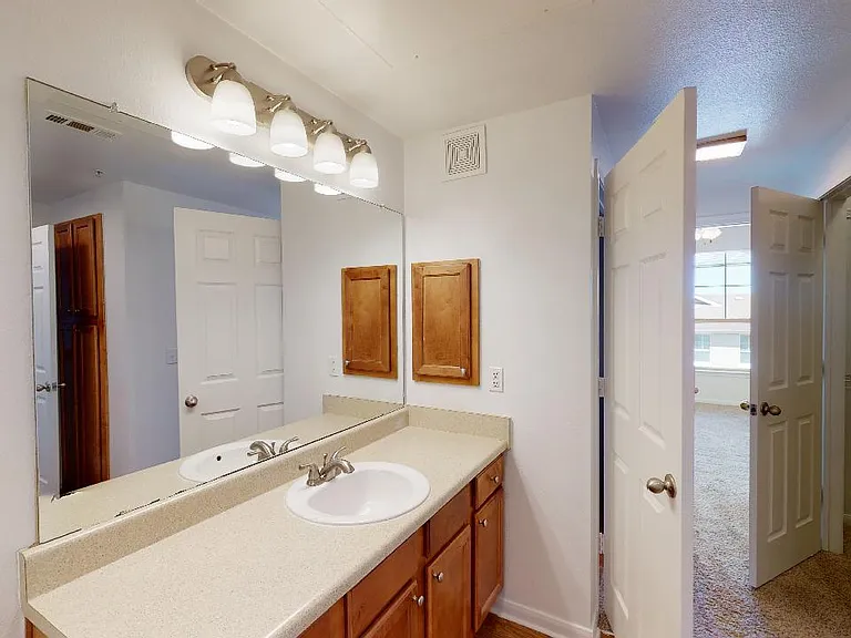 Apartment bathroom with wood-style flooring.