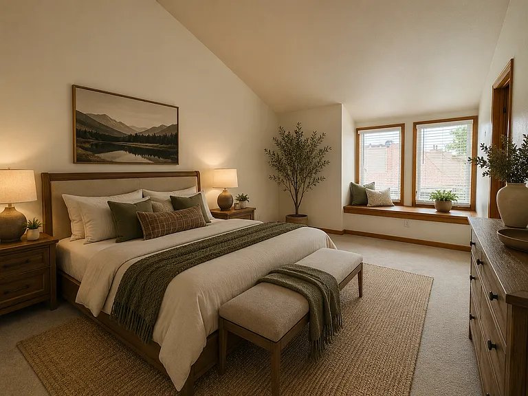 AI-staged primary bedroom concept showing the room's vaulted ceiling, generous scale, natural light, and warm private-retreat potential.