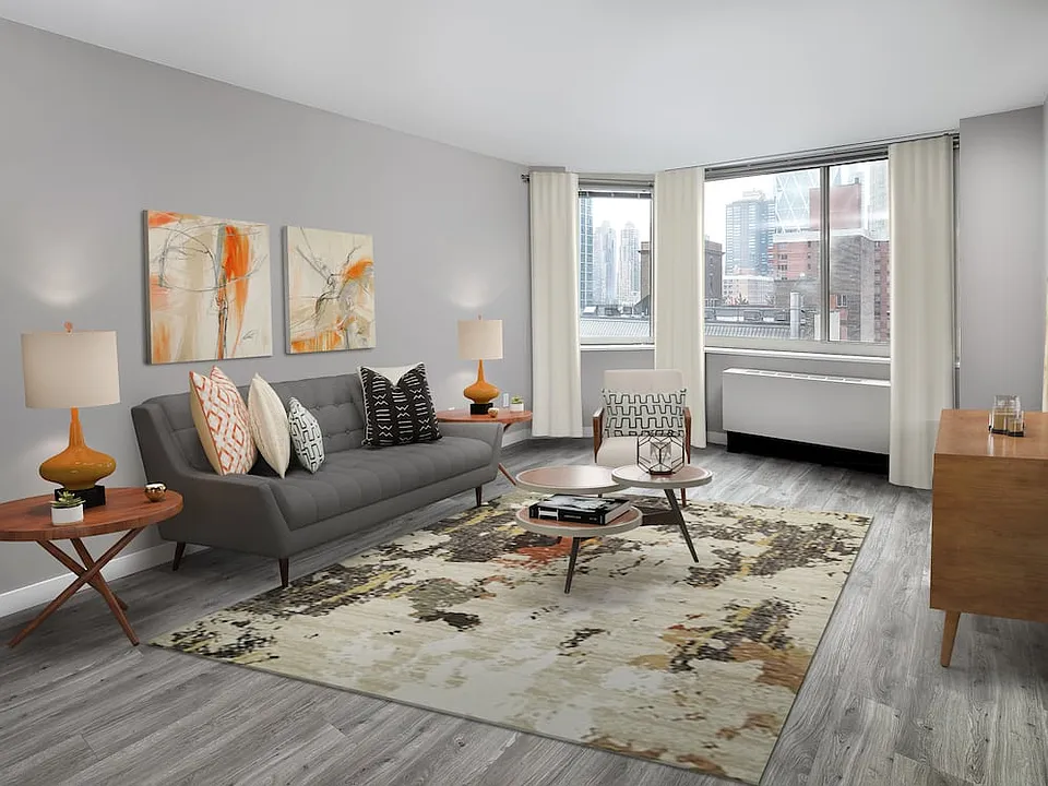 Renovated Package II living room with hard surface plank flooring