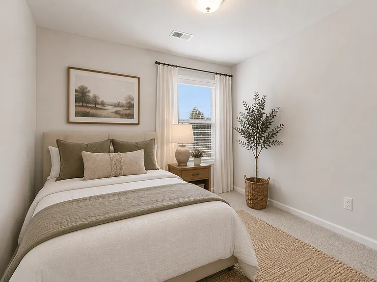 Secondary bedroom with queen size bed and large window letting in a ton of natural light.