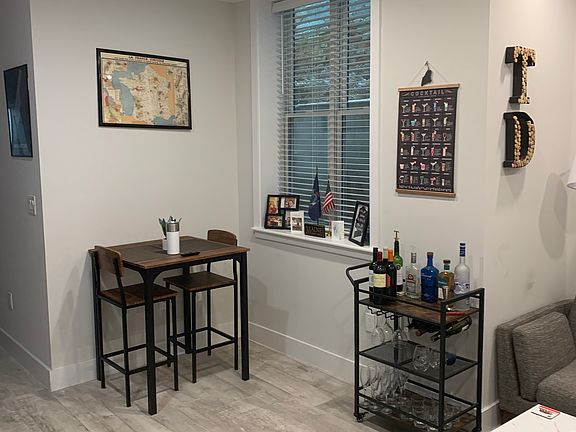 Dining area with bar cart.