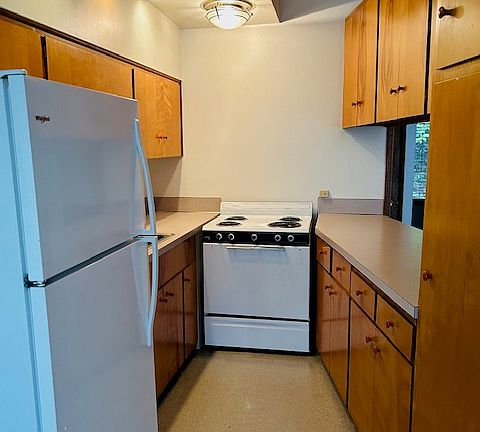 Galley kitchen with vinyl flooring and vintage mcm wood cabinets, full range oven and full size refrigerator/freezer. With barstools on the other side of the peninsula, you have a lovely bar. Plenty of cabinetry for all your kitchenware.