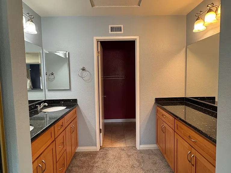 Primary en-suite featuring dual sinks, granite countertops, and plenty of storage