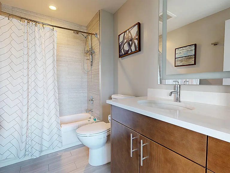 Apartment bathroom with wood-style flooring.
