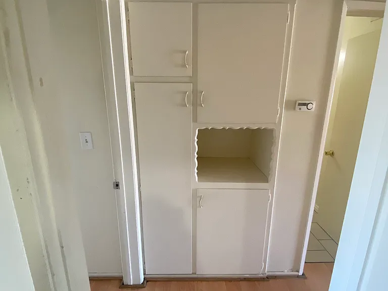 Storage cabinets and closet in hallway.