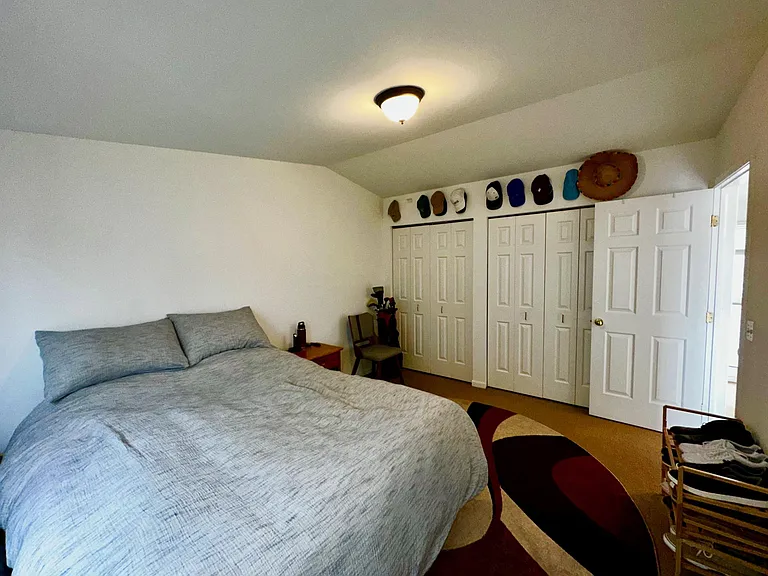 2ND LARGE BEDROOM WITH CATHEDRAL CEILINGS AND WALL OF CLOSETS