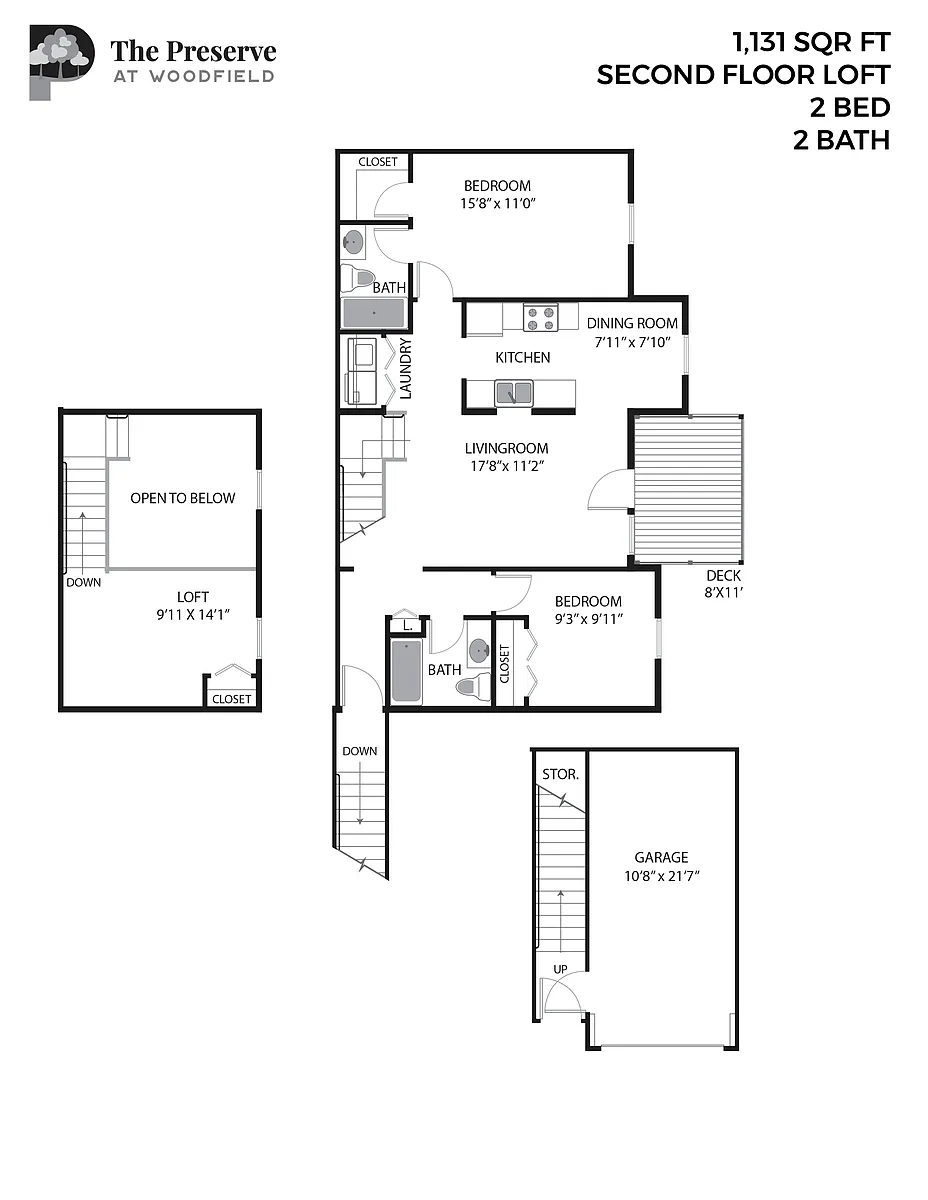 Floor plan 2 Bedroom 2 Bath Loft (1131 Sq. Ft.)