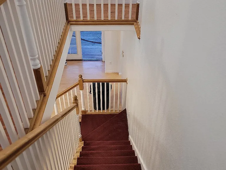 looking down the stairway back towards the french doors