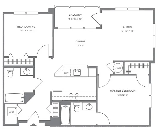 Floor plan P2 2BR 2BA (1077 SF)