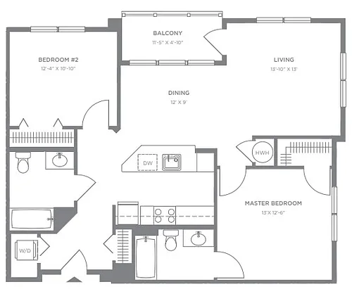 Floor plan P2 2BR 2BA (1077 SF)