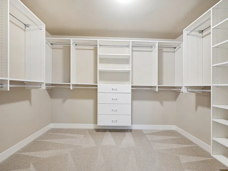 Master bedroom walk in closet with stroage racks.