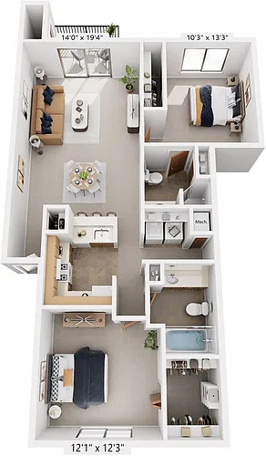 Floor plan Two Bedroom Two Bath Full-Size Washer/Dryer
