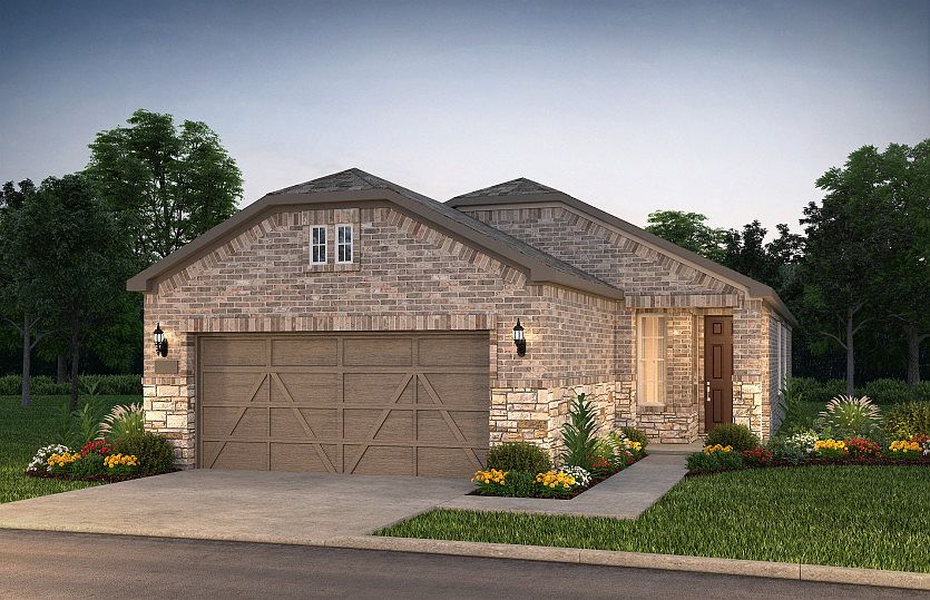 The Compass, a one-story home with 2-car garage, shown with Home Exterior LS203 model representation