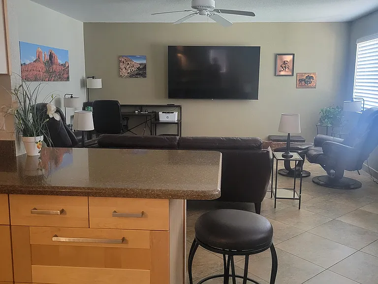 View from kitchen counter to living room.
