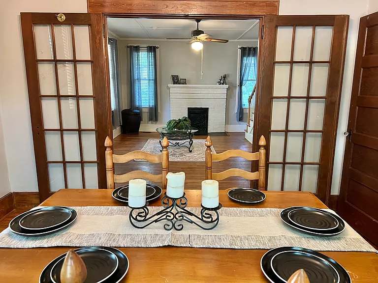 French doors connecting dining room and living room