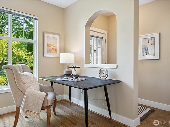 Abundant windows invite the natural light in.>