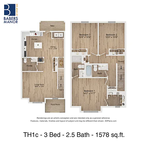 Floor plan TH1c | 3 Bed | 2.5 Bath | 60