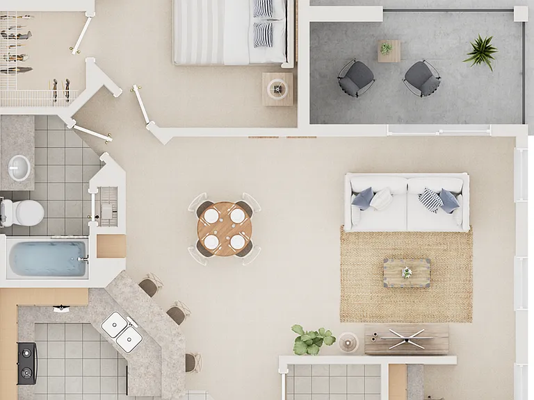 Explore the stylish layout of this urban apartment designed for both leisure and practicality. Explore the stylish layout of this urban apartment designed for both leisure and practicality.