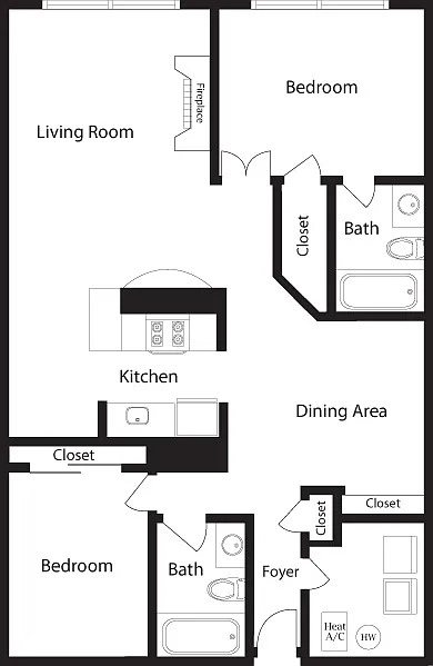 Floor plan K-BO Two Bedroom, Two Bathroom