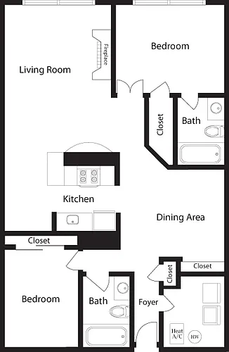 Floor plan K-BO Two Bedroom, Two Bathroom