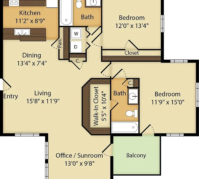 2 Bedroom | 2 Bath | Office/Sunroom | 1211 SF 2 Bedroom | 2 Bath | Office/Sunroom | 1211 SF
