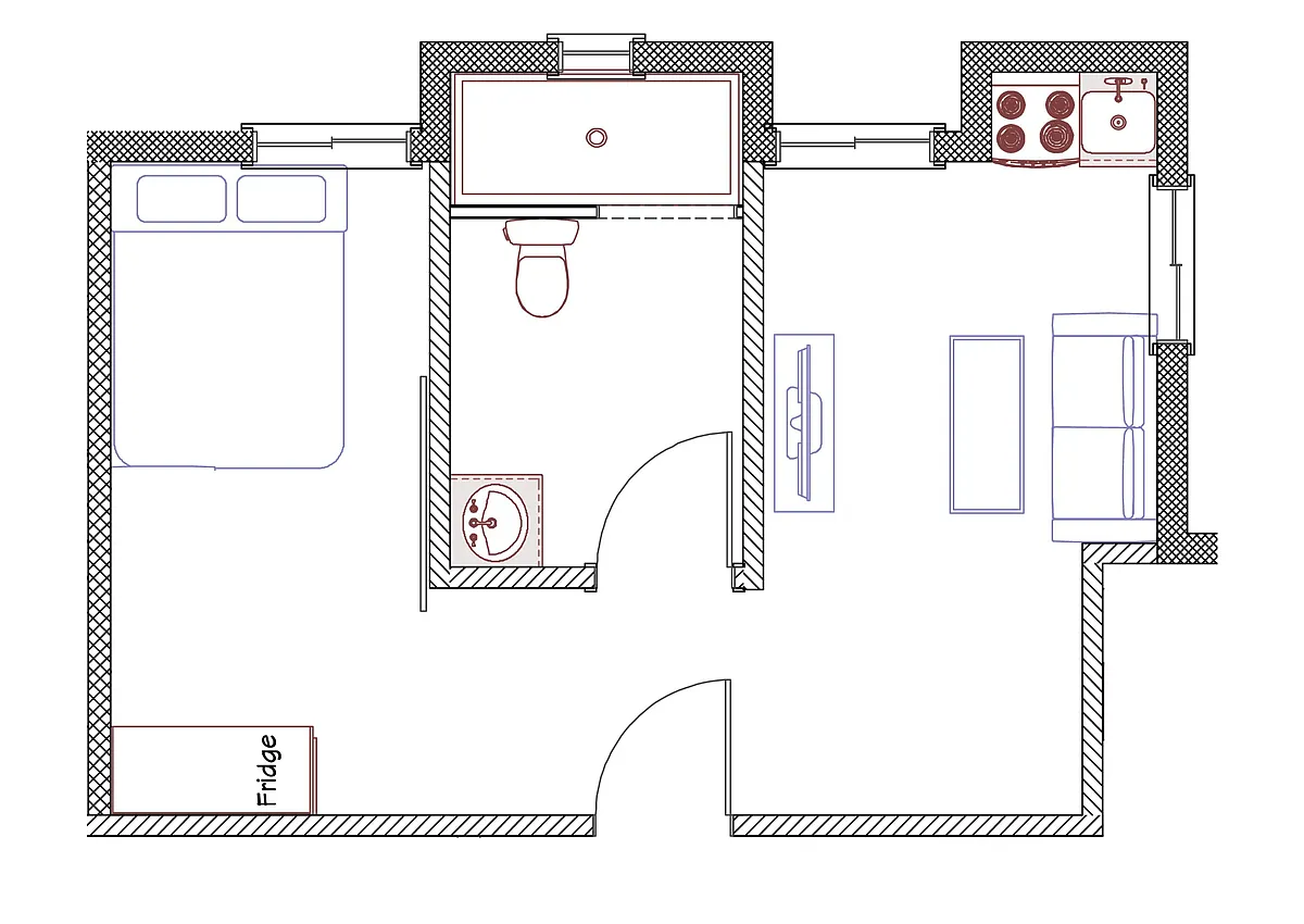 Floor plan 1 bed 1 bath apartment with living room