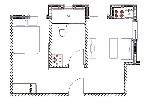 Floor plan 1 bed 1 bath apartment with living room
