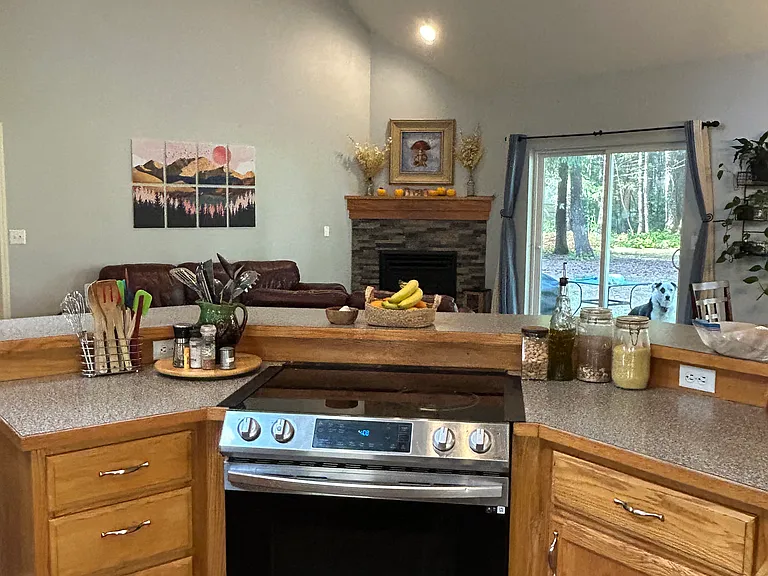 shared space downstairs: full kitchen with air fryer, espresso machine, French press, oven, stove, and electric kettle.