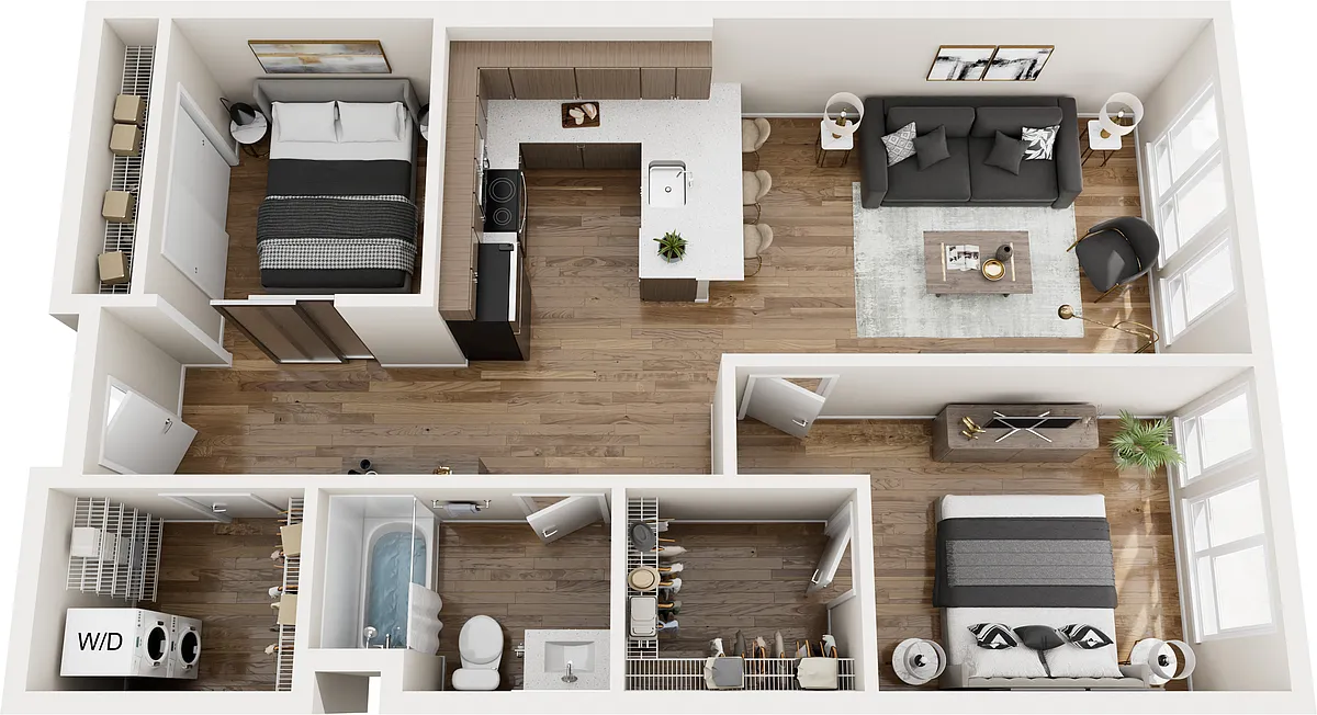 Floor plan One Bed + Alcove Bed w/West View M12