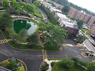 Terrace View of Fountain, park and Front Entrance