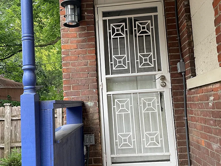 Security door with screen on the back porch. outdoor light and storage