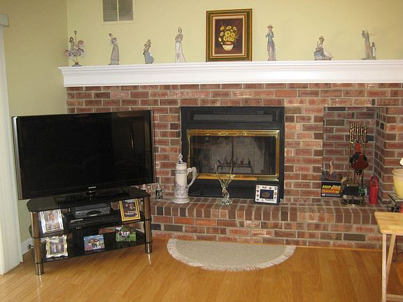 Wood burning fireplace in living room.