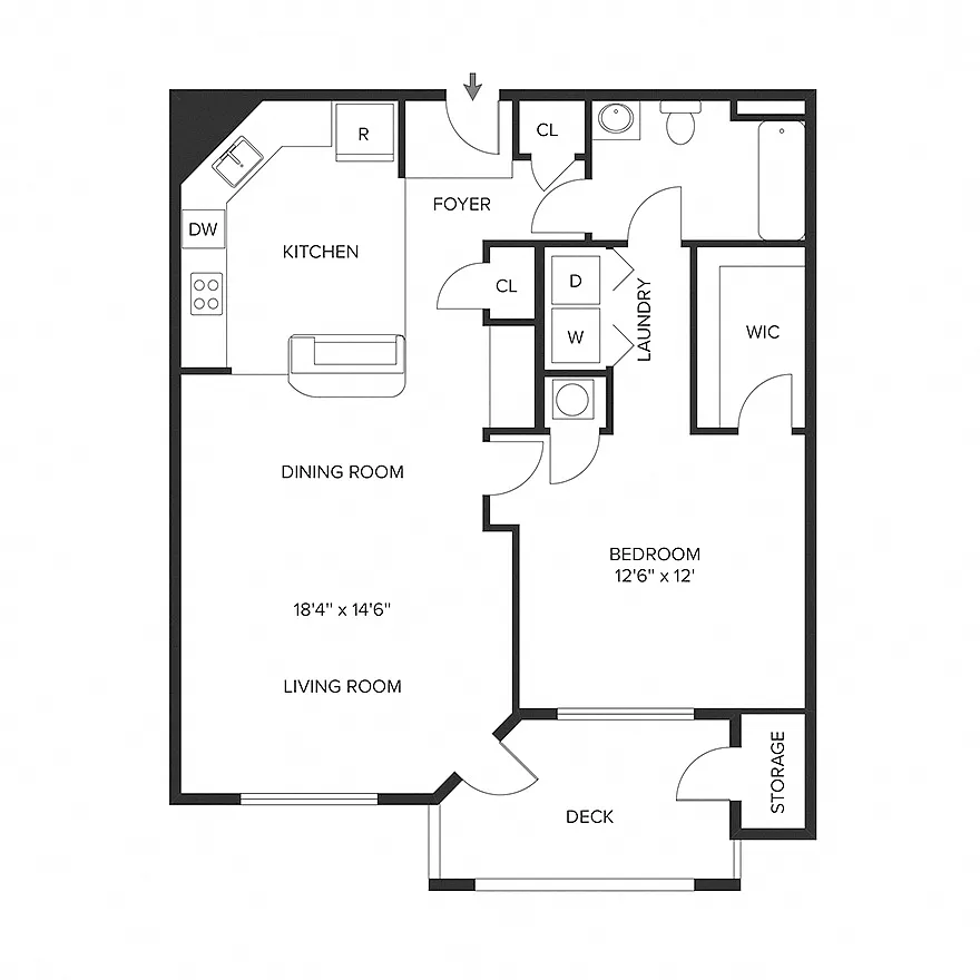 Floor plan 1BR 1BA (805 SF)