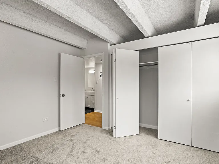 Bright and spacious bedroom with soft carpet flooring and ample closet space, leading to a modern bathroom.