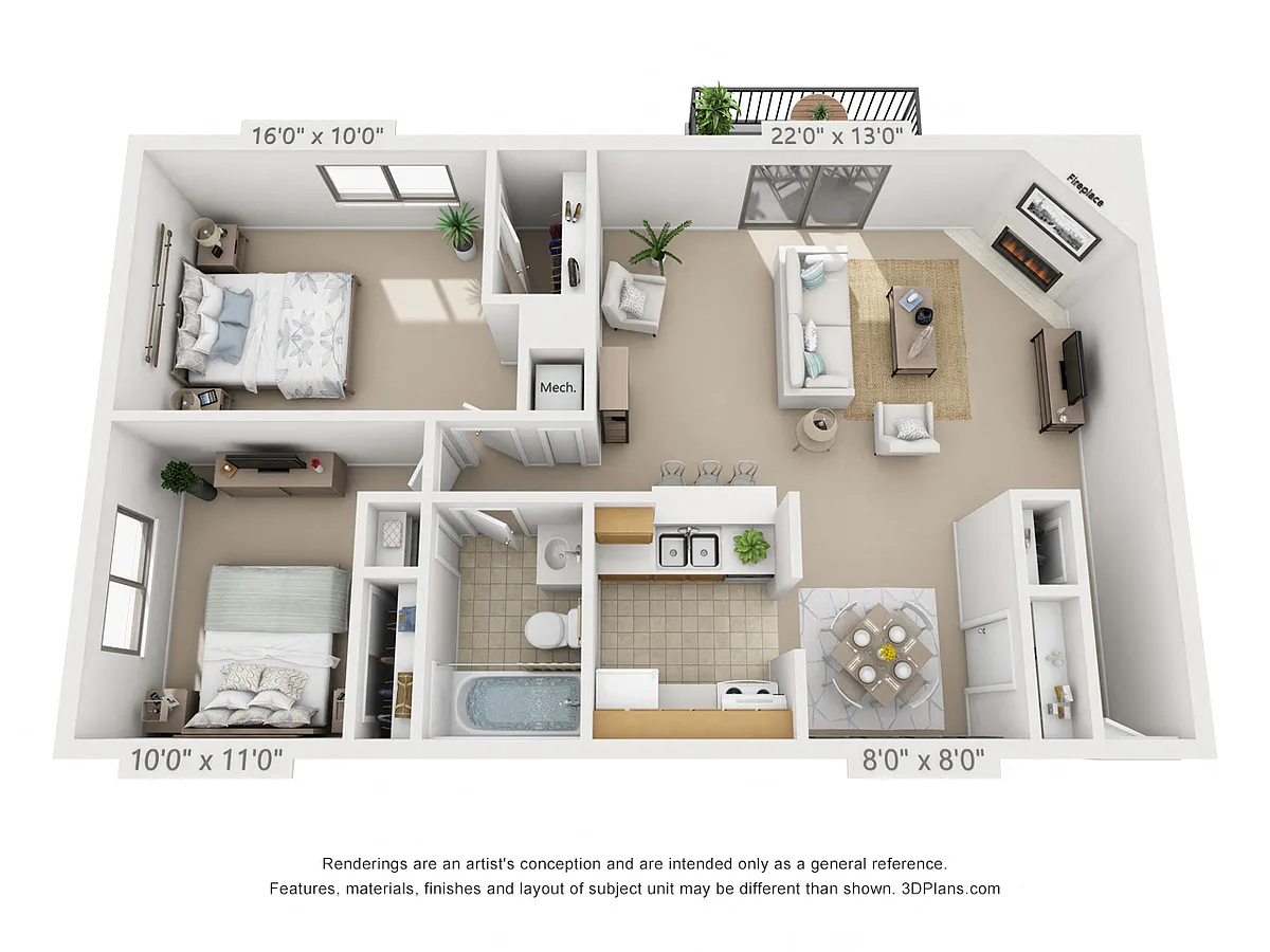 Floor plan 2 Bedroom, 1 Bath (Balcony/Fireplace/Courtyard Vie