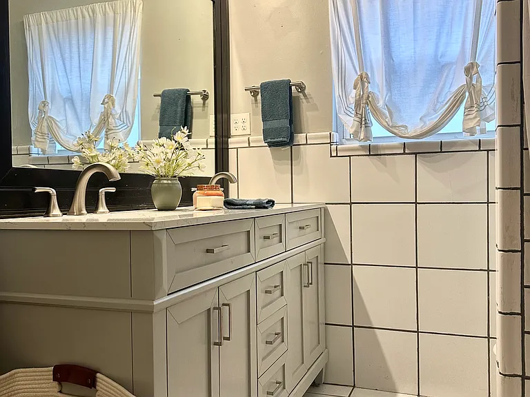 Newly renovated dual sink vanity.