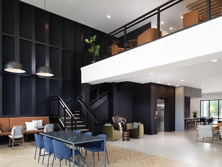 Two-level lobby lounge with multiple seating options