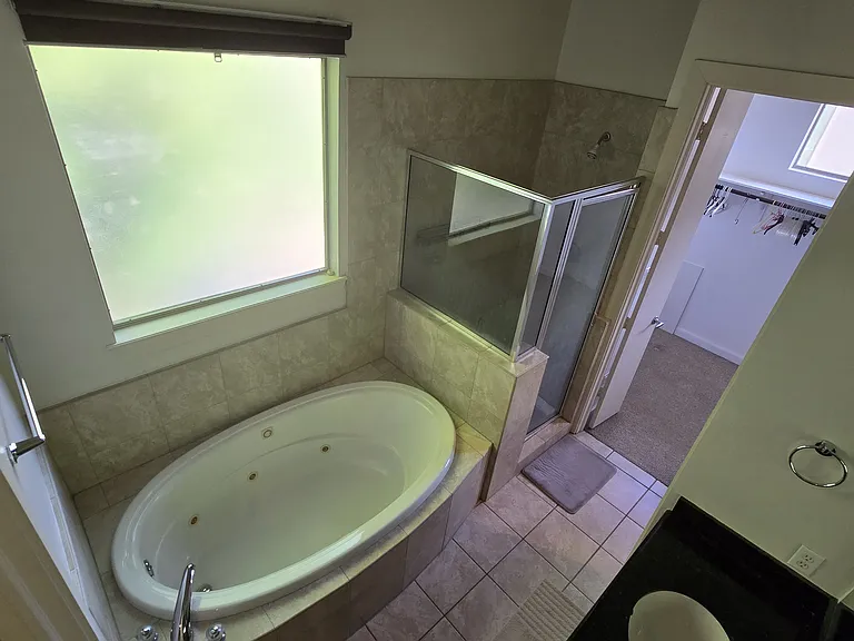 Master bedroom with double sink vanity and a jacuzzi. There's a walk-in closet.