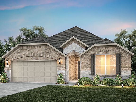 Exterior C of the Blue Sky, a one-story home with 2-car garage and shutters