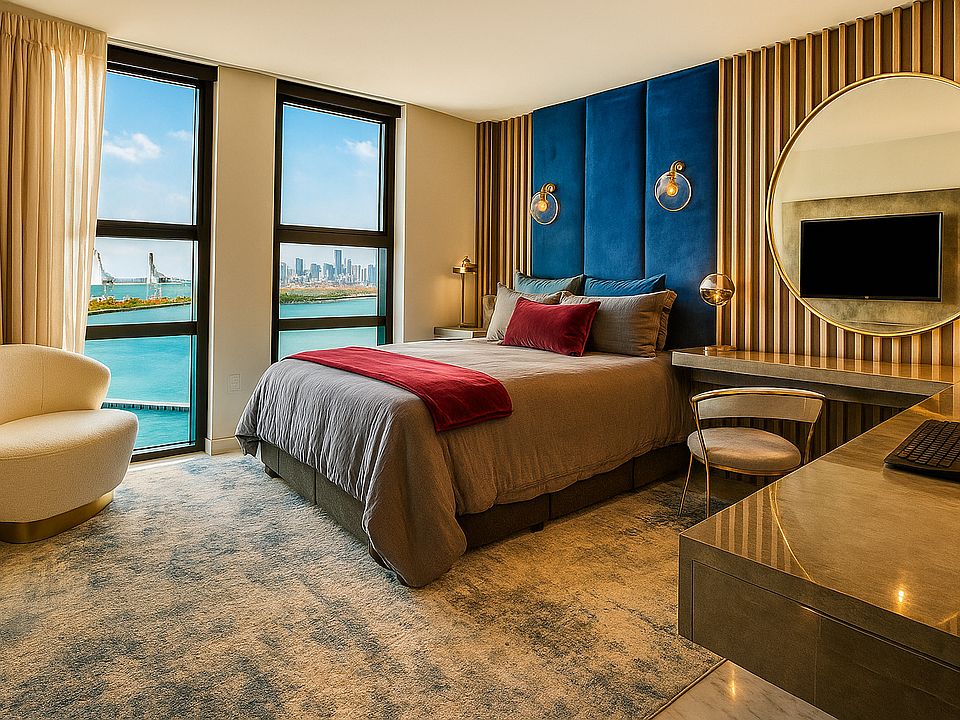 Bedroom featuring an ultra-comfortable bed, bespoke designer furniture created exclusively for this space, a large flat-screen TV, a sleek business desk with computer and printer, as well as motorized designer curtains and black automatic blinds .