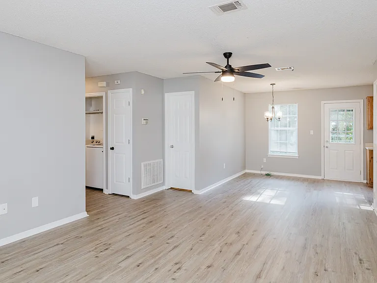 Living Room from Front Door, facing hall to the left and back door / kitchen to the right