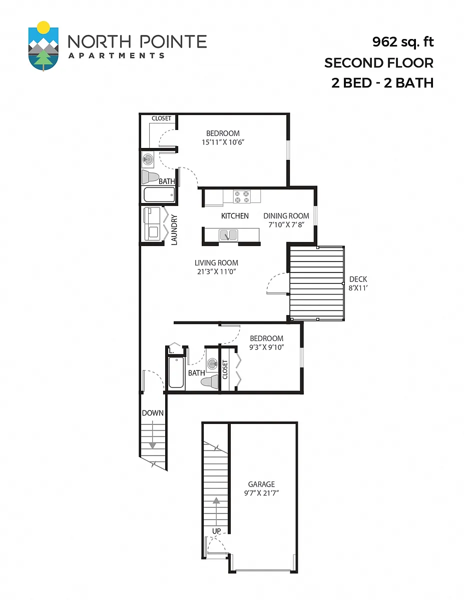 Floor plan 2 Bed, 2 Bath - 962 sq ft