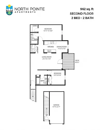 Floor plan 2 Bed, 2 Bath - 962 sq ft
