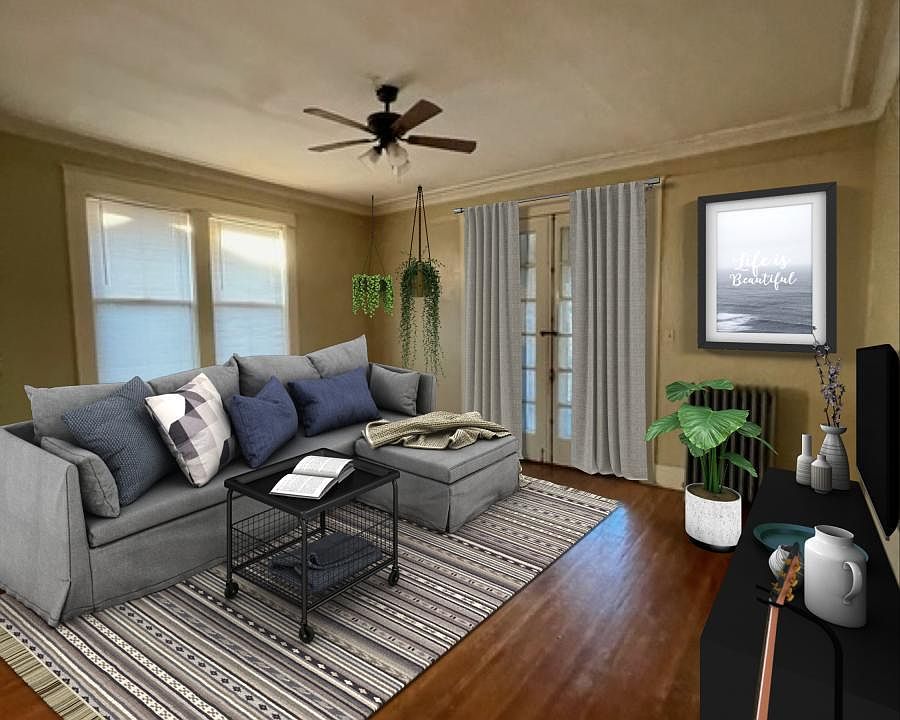 Living Room with large double doors onto a covered patio